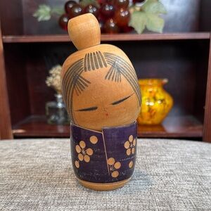 Stanley Wooden Kokeshi Doll with Purple Floral Kimono